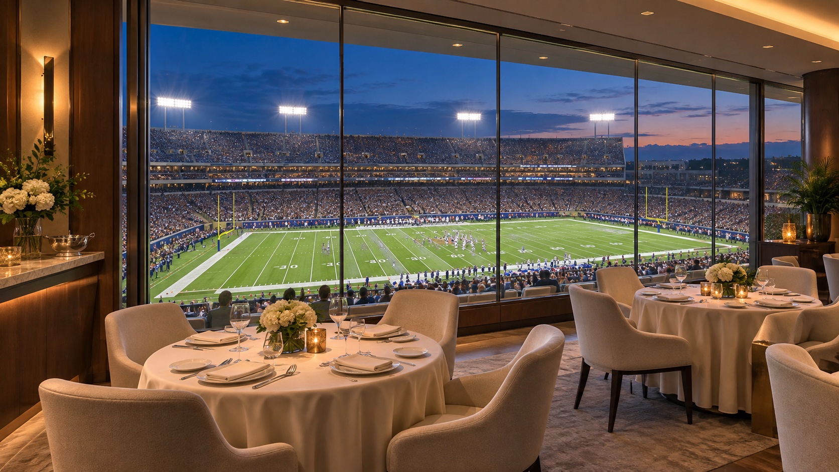 AI-generated concept of an elegant dining suite overlooking a floodlit football stadium at dusk.